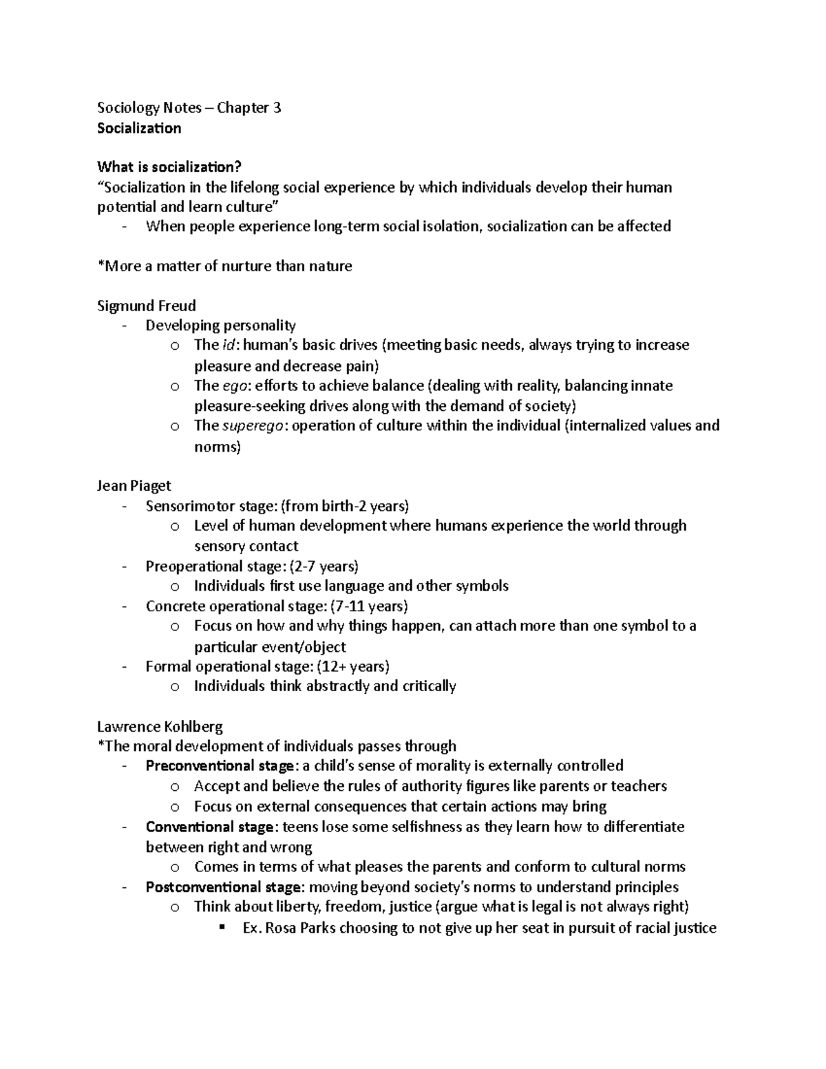 Sociology Notes Chapter 3 - Sociology Notes – Chapter 3 Socialization ...