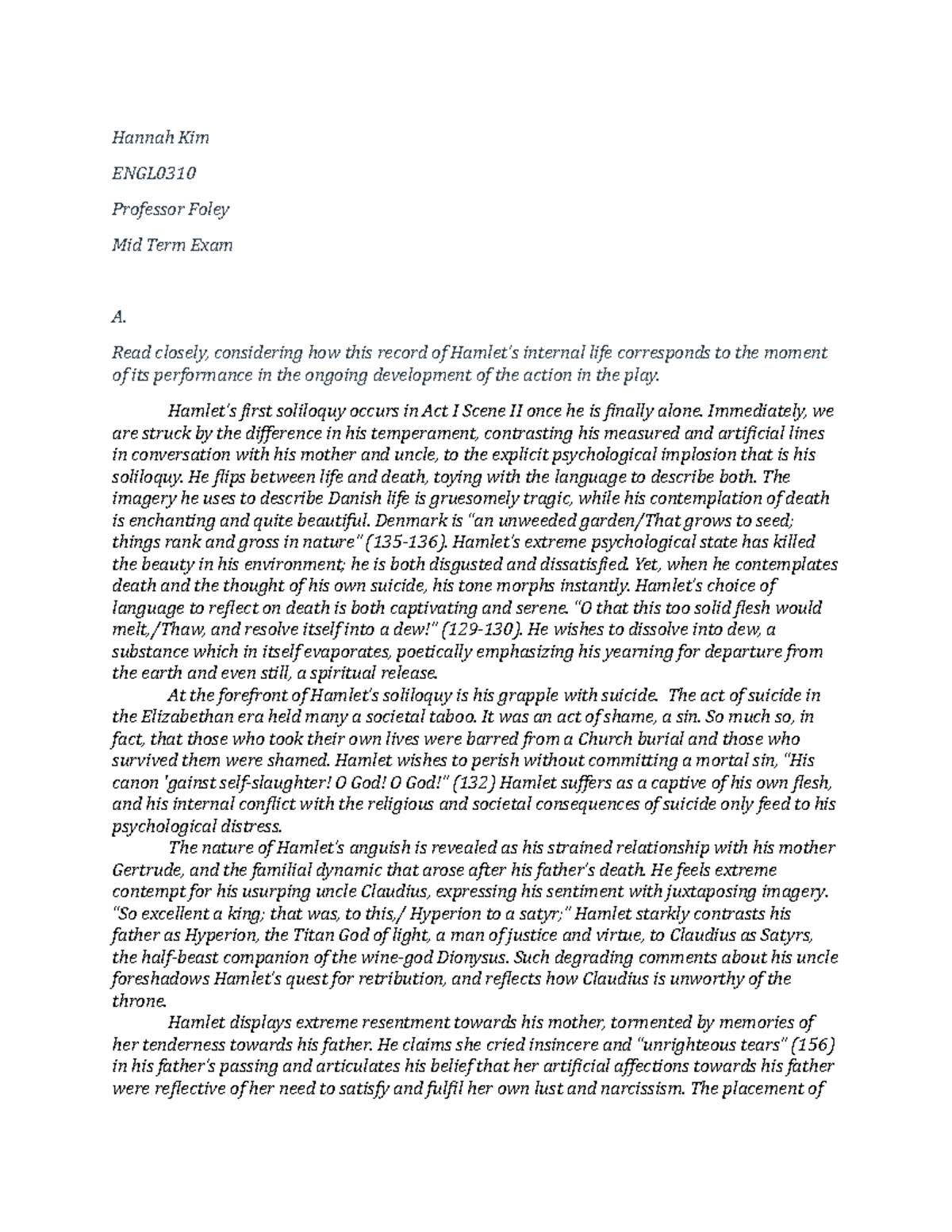 Take Home Midterm - Grade: A+ - Hannah Kim ENGL Professor Foley Mid ...