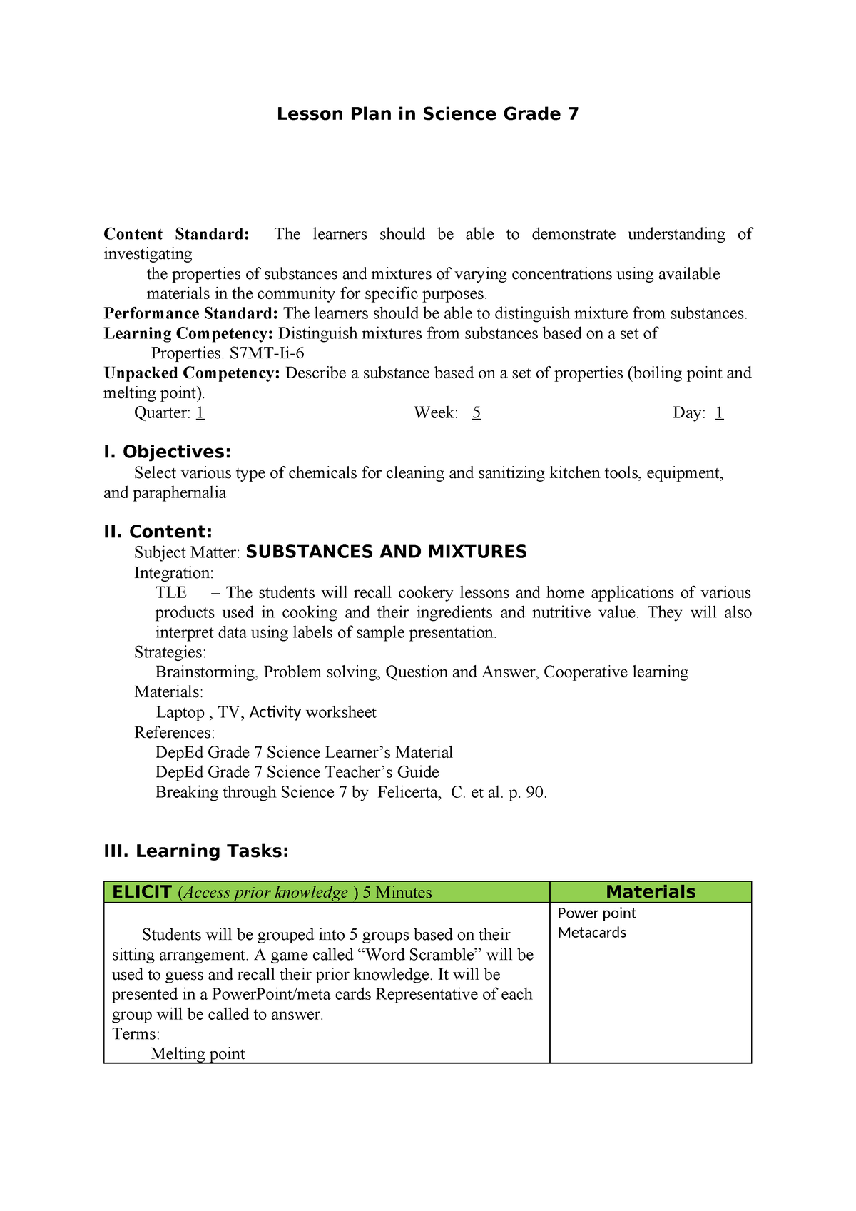 7ES Lesson PLAN - Lesson Plan In Science Grade 7 Content Standard: The ...