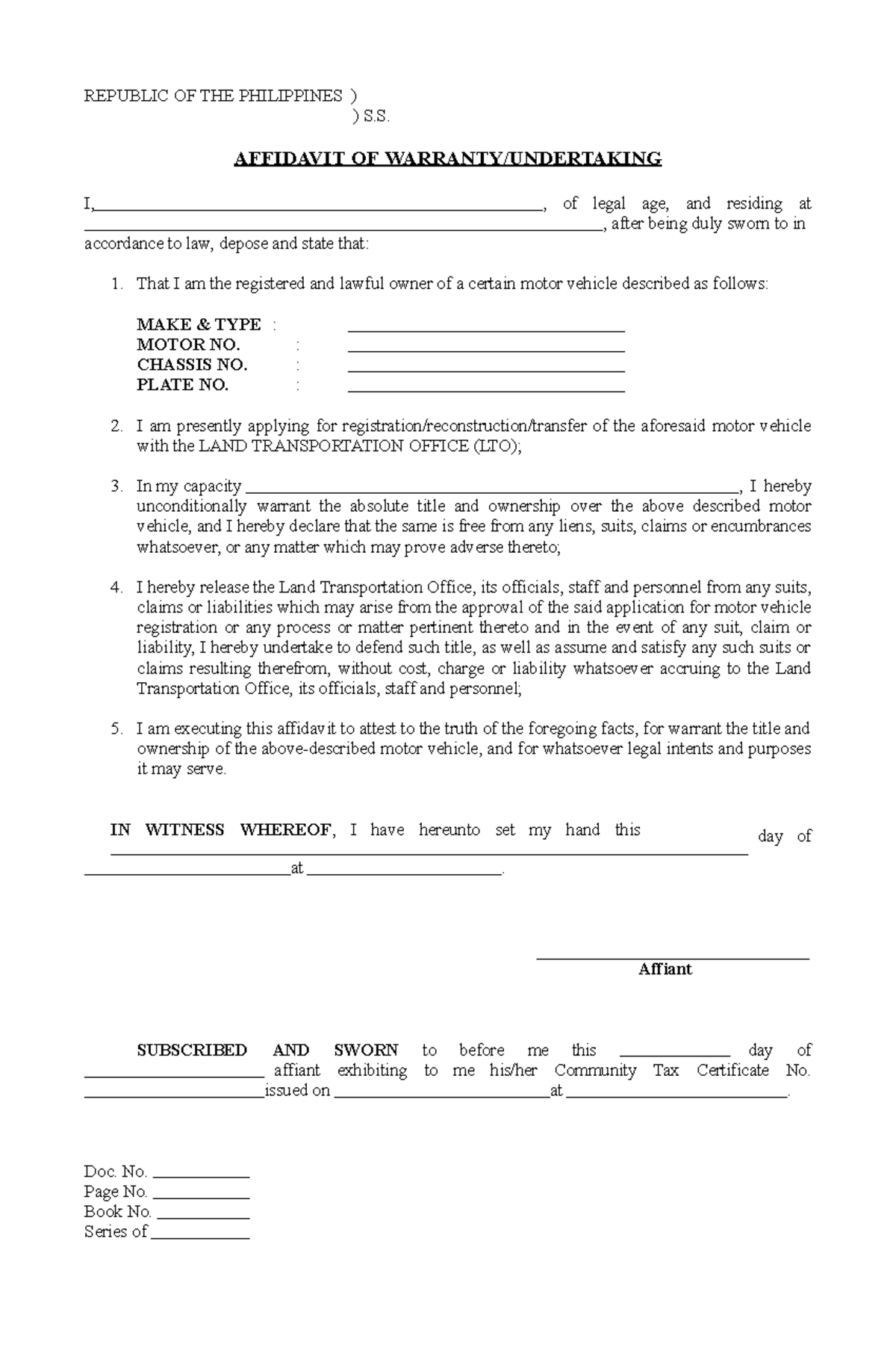 Affidavit-of-warranty - REPUBLIC OF THE PHILIPPINES ) ) S. AFFIDAVIT OF ...