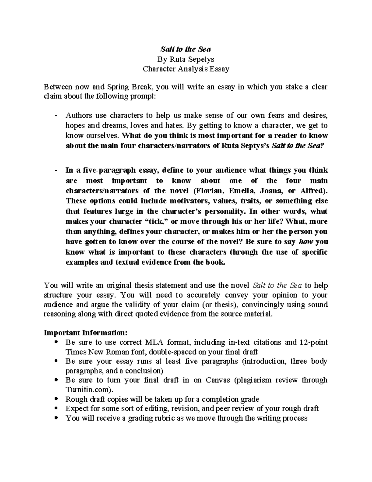 Salt to the Sea Essay kmnjhgfdr Salt to the Sea By Ruta Sepetys Character Analysis Essay