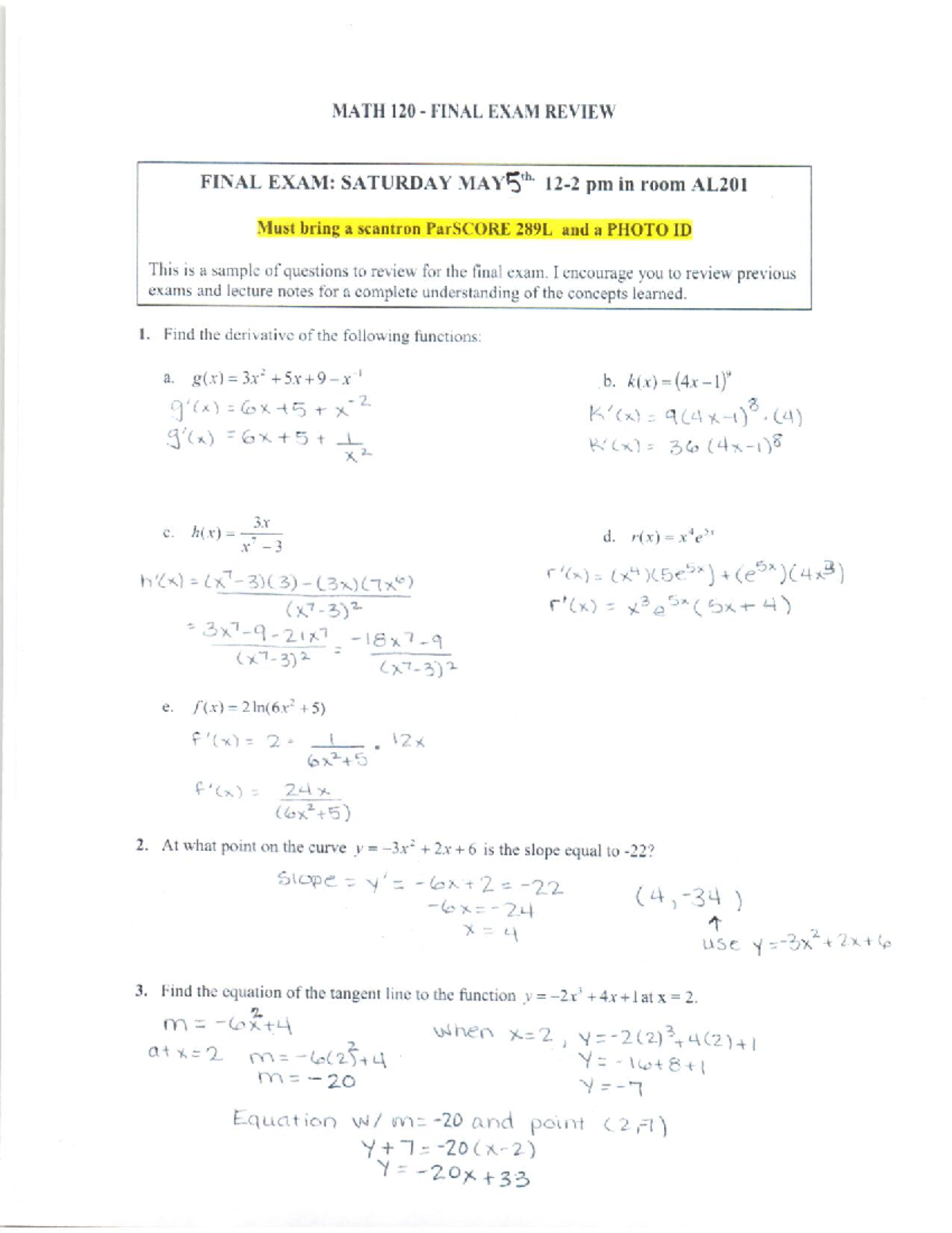 Final Exam Solutions Spring 18 - MATH 120 - FINAL EXAM REVIEW FINAL ...