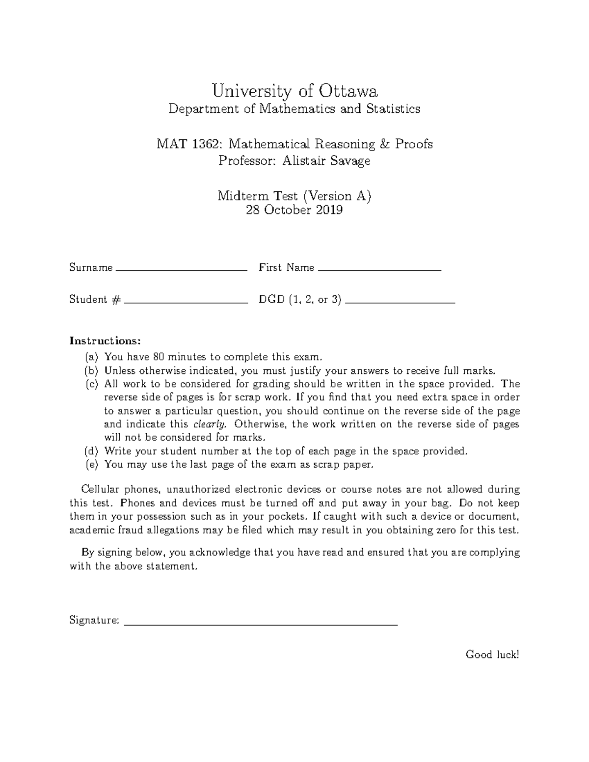 Midterm October 2019, questions - University of Ottawa Department of ...