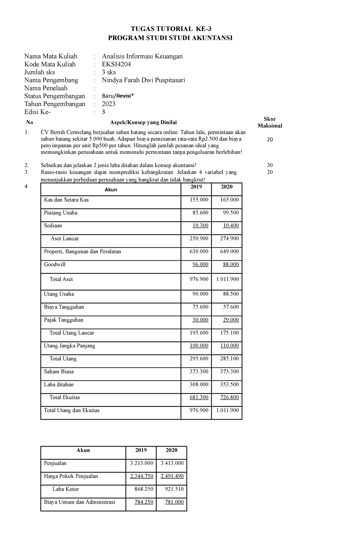 Soal Tugas III - TUGAS TUTORIAL KE- PROGRAM STUDI STUDI AKUNTANSI Nama ...