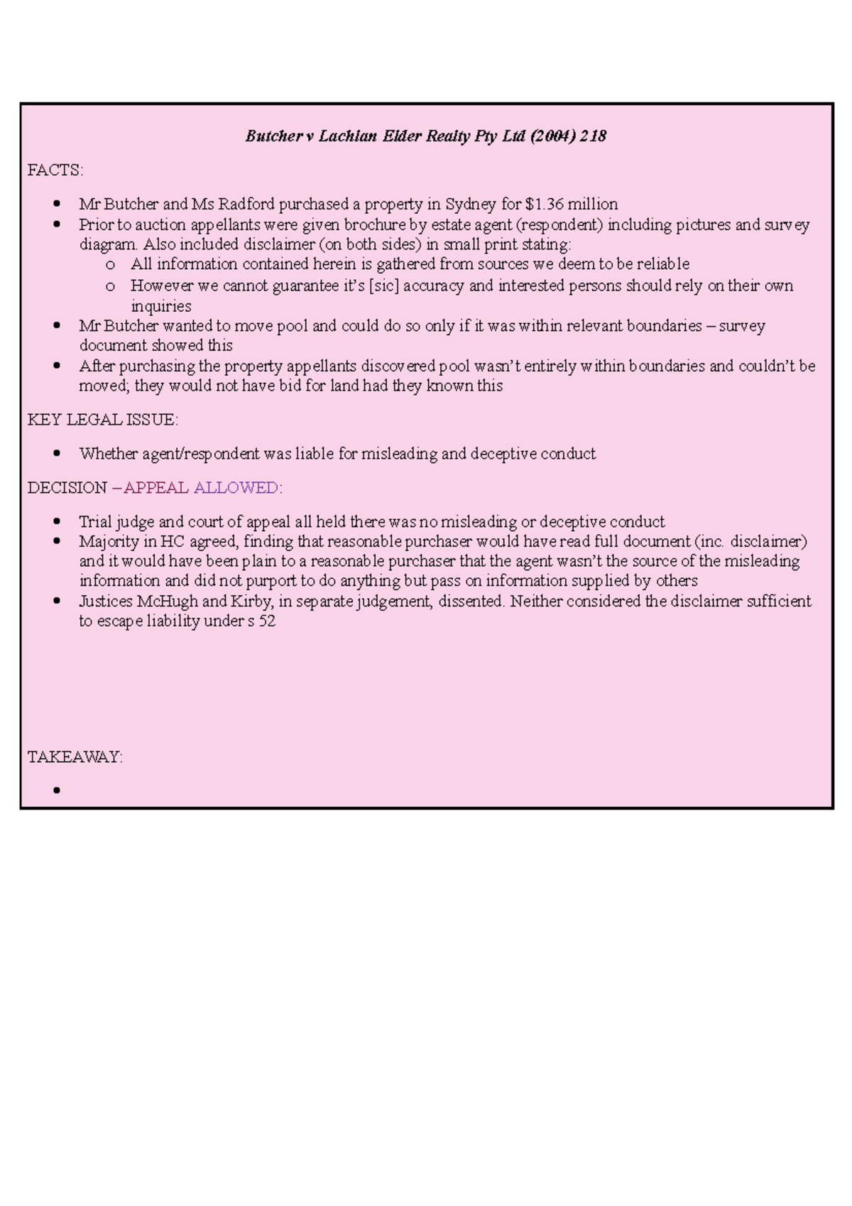 Butcher v Lachlan Elder Realty Pty Ltd 025300 Studocu