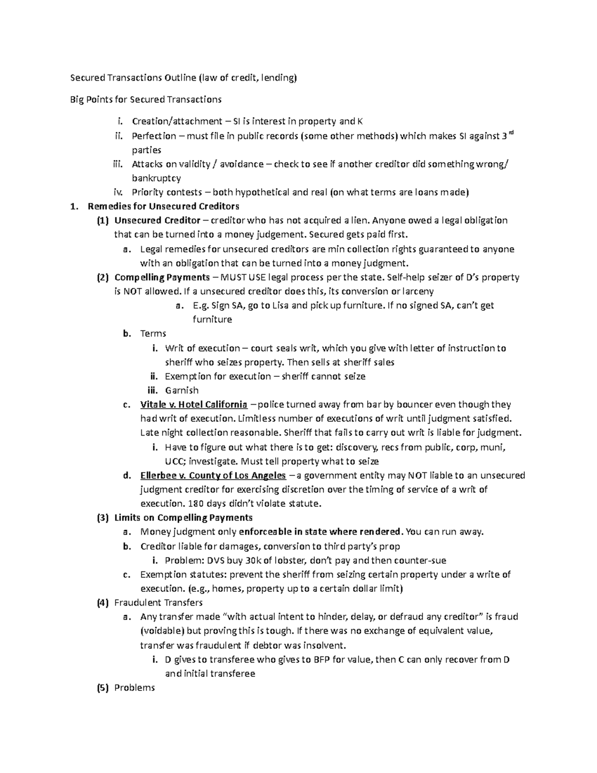 Outline for Secured - good luck - Secured Transactions Outline (law of ...