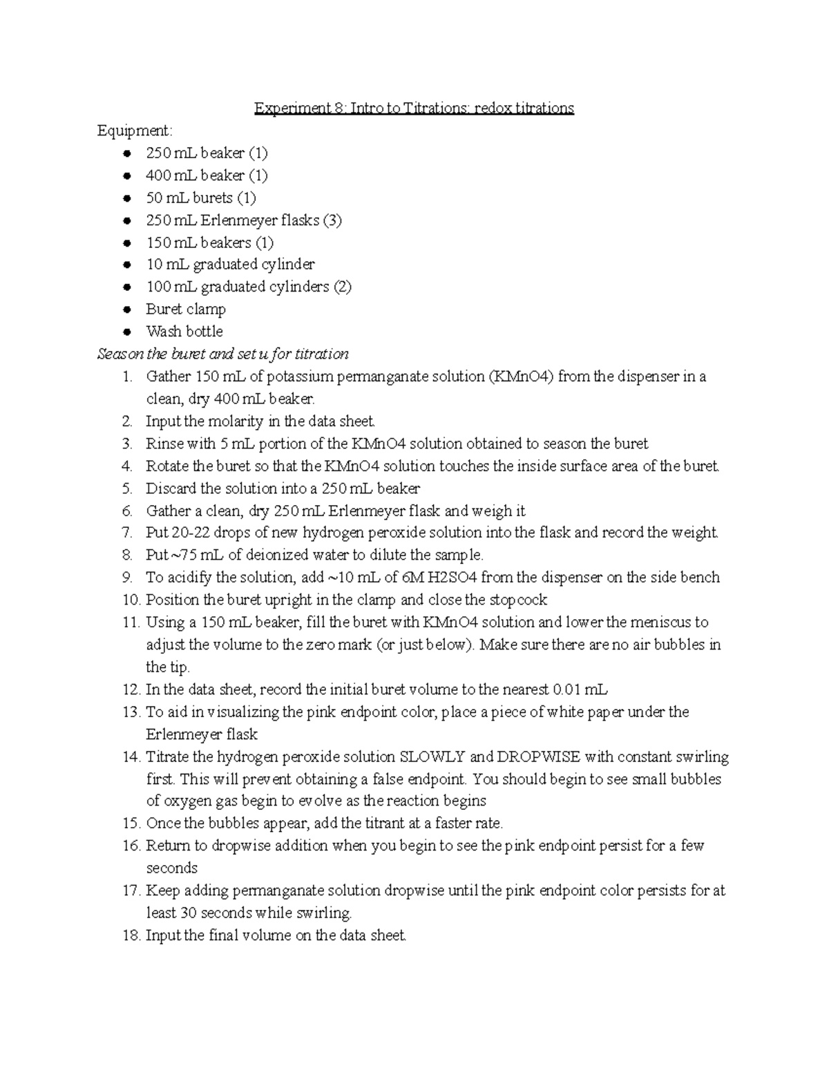 CHEM 1031 Lab 8 Procedure Experiment 8 Intro to Titrations redox