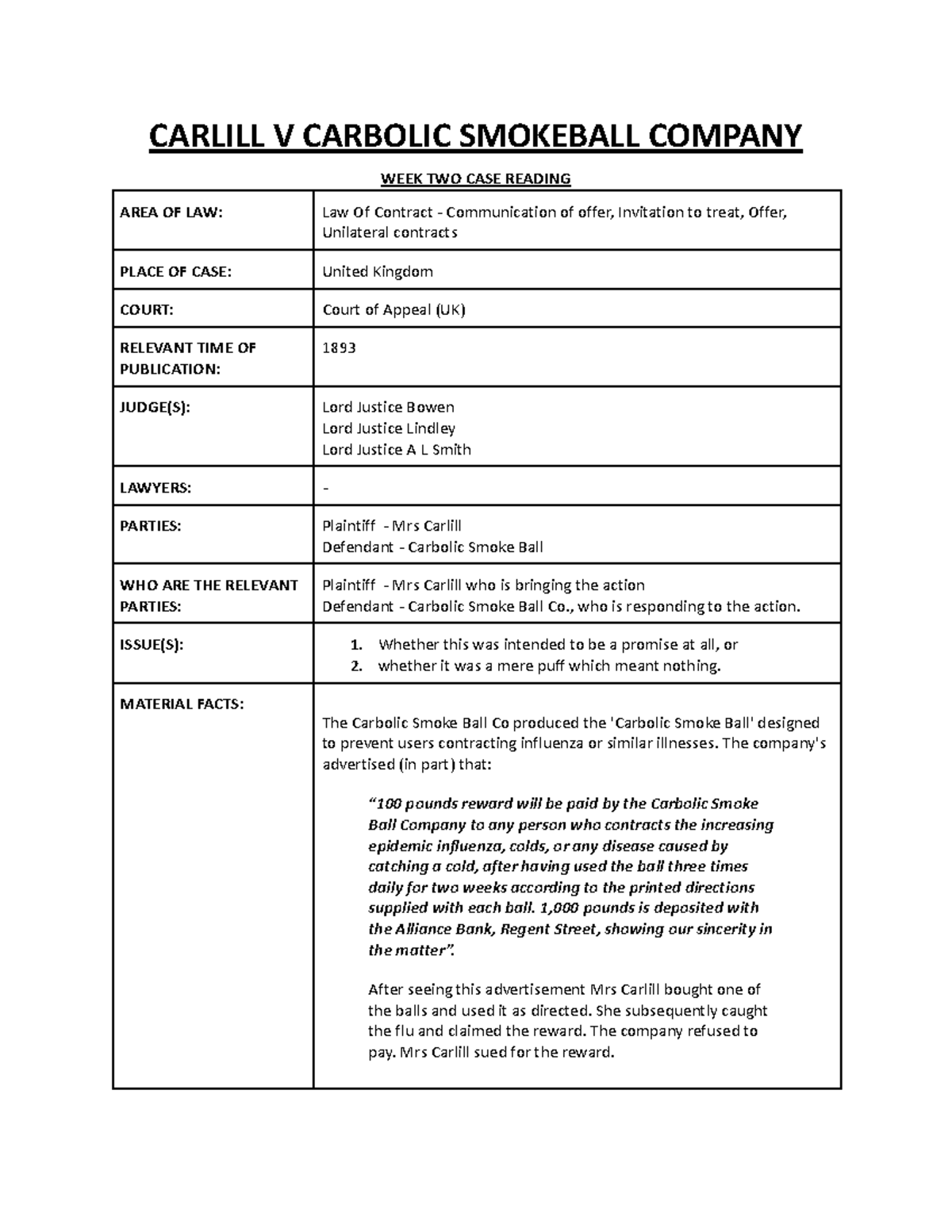 Carlill V Carbolic Smokeball Company CARLILL V CARBOLIC SMOKEBALL