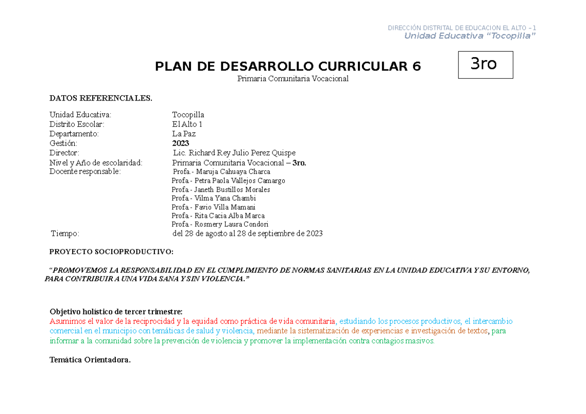 PLAN DE Desarrollo Curricular 6 - Unidad Educativa “Tocopilla” PLAN DE ...