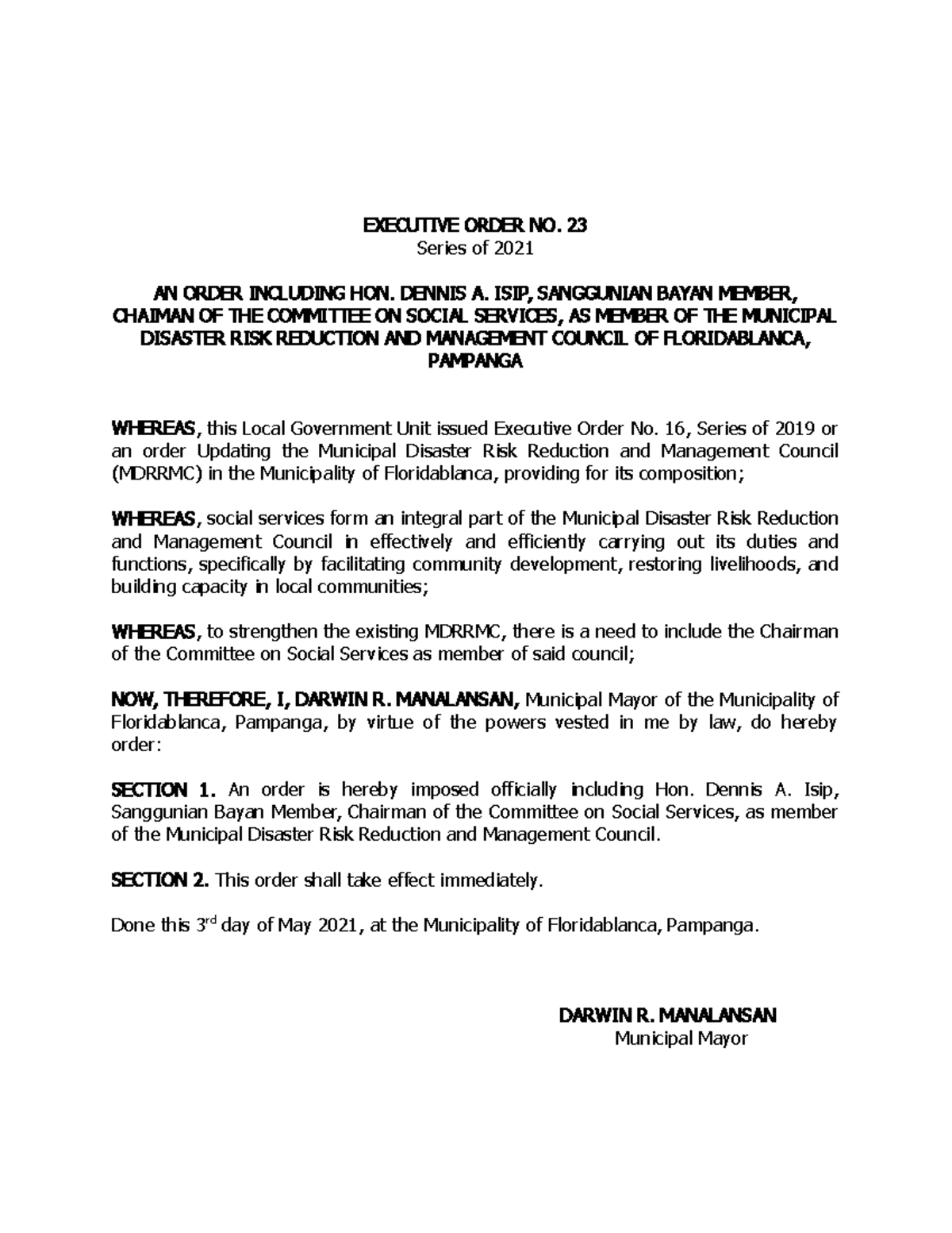 EO 23 - Grade: B - EXECUTIVE ORDER NO. 23 Series Of 2021 AN ORDER ...