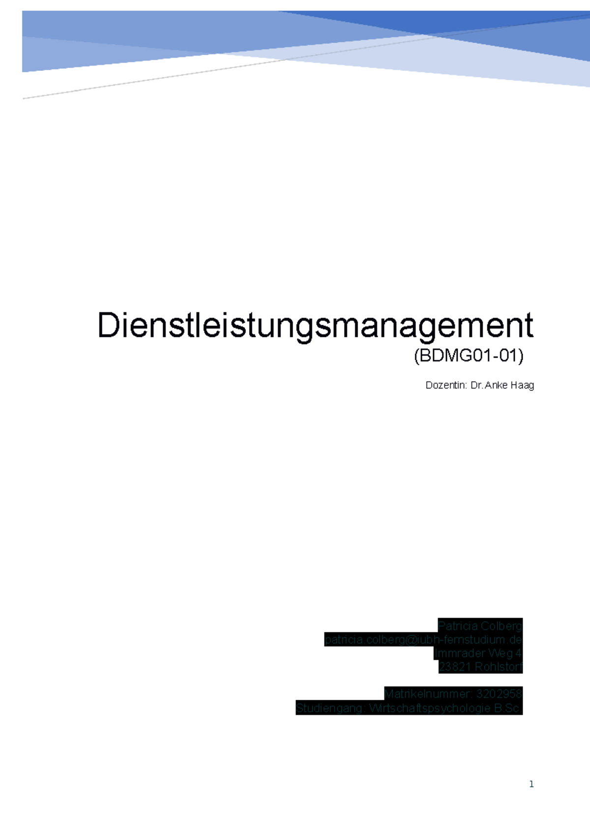 DLM Workbook 2020 2021 - Dienstleistungsmanagement (BDMG01-01) Dozentin ...