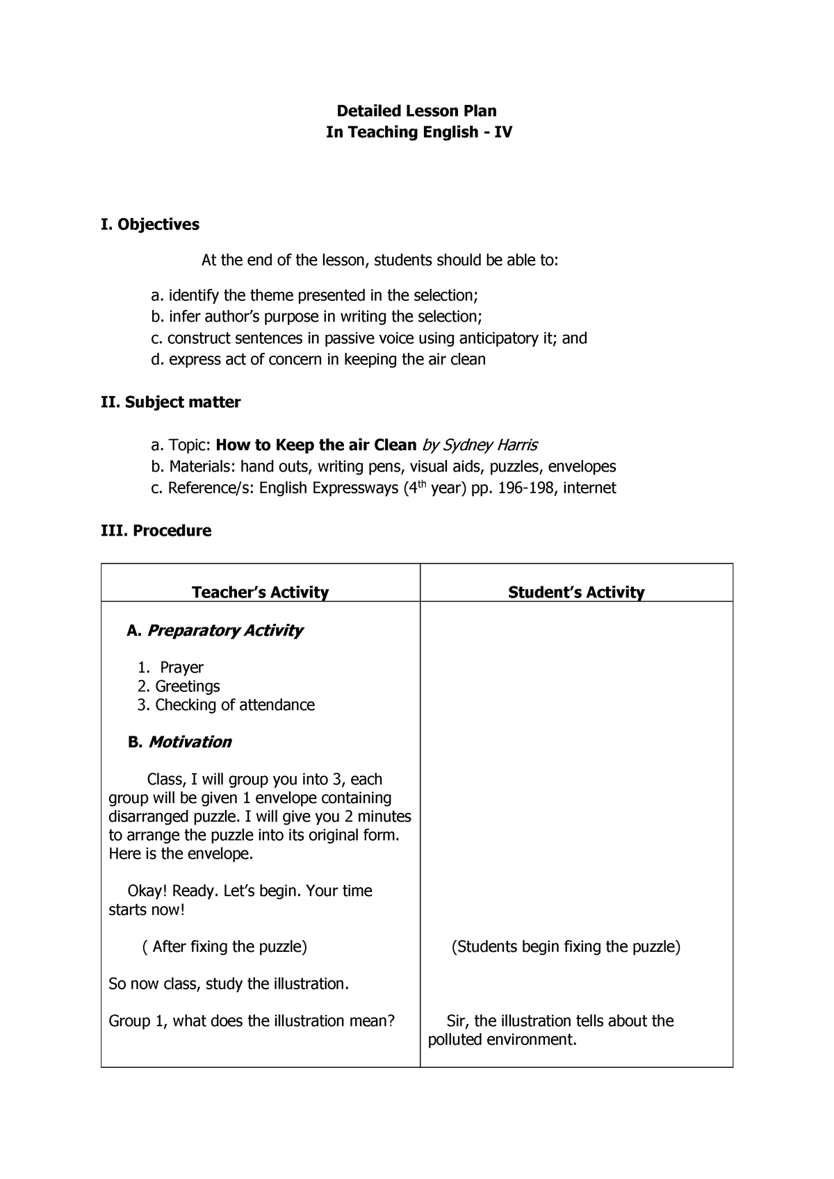 lesson plan assignment sample