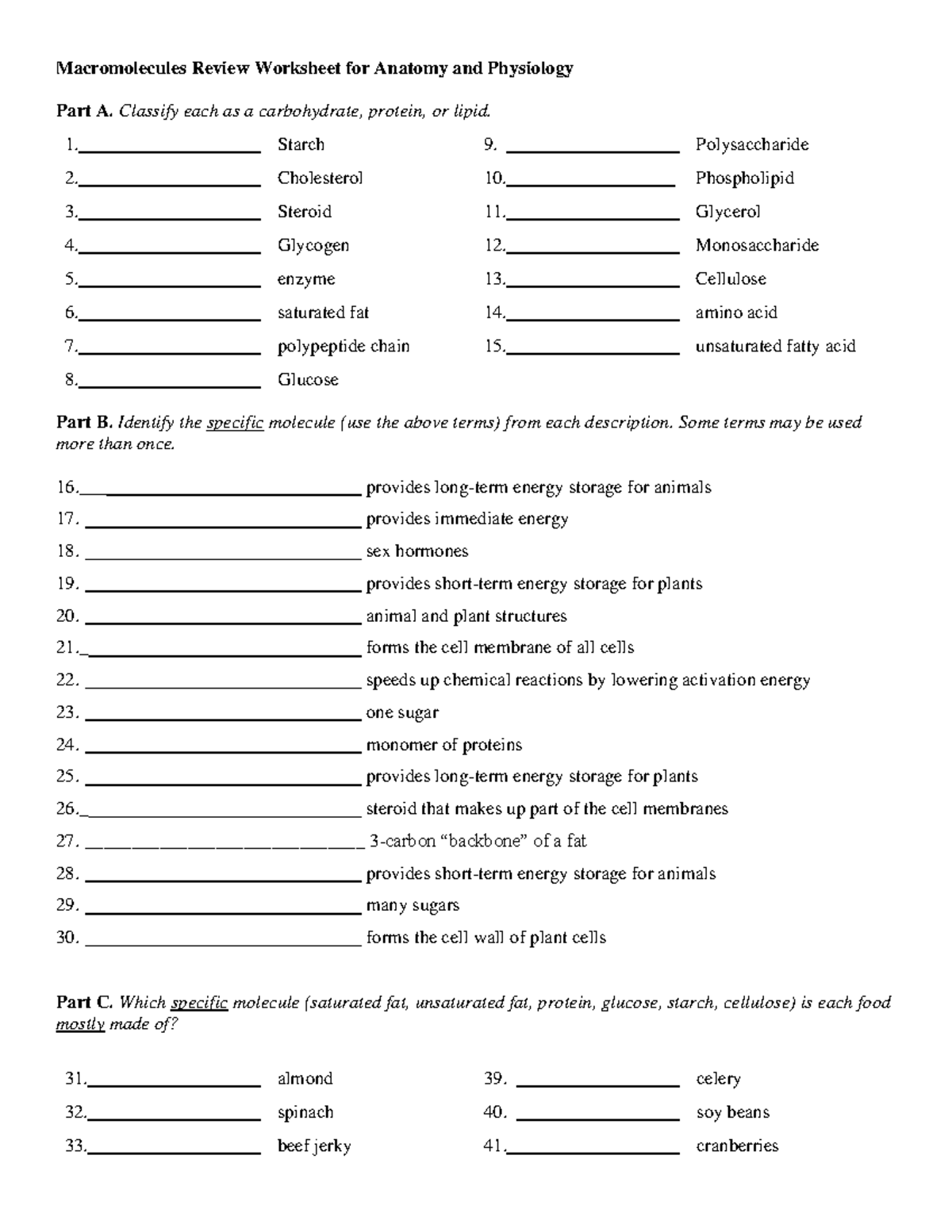 Marocmolecule review worksheet - Macromolecules Review Worksheet for ...