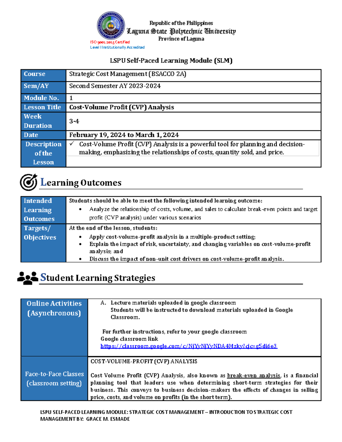 SLM 1 Introduction to strategic cost management - ISO 9001:2015 ...