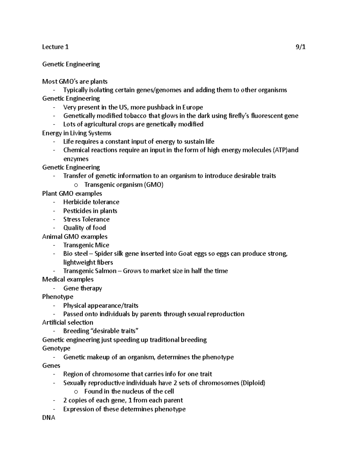 Plbio 2400 Notes - Lecture 1 9/ Genetic Engineering Most GMO’s are ...