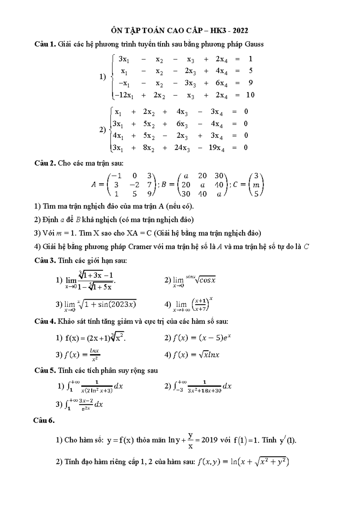ON TAP TCC HK3 2022 2 xâxaxa ÔN TẬP TOÁN CAO CẤP HK3 2022 Câu 1