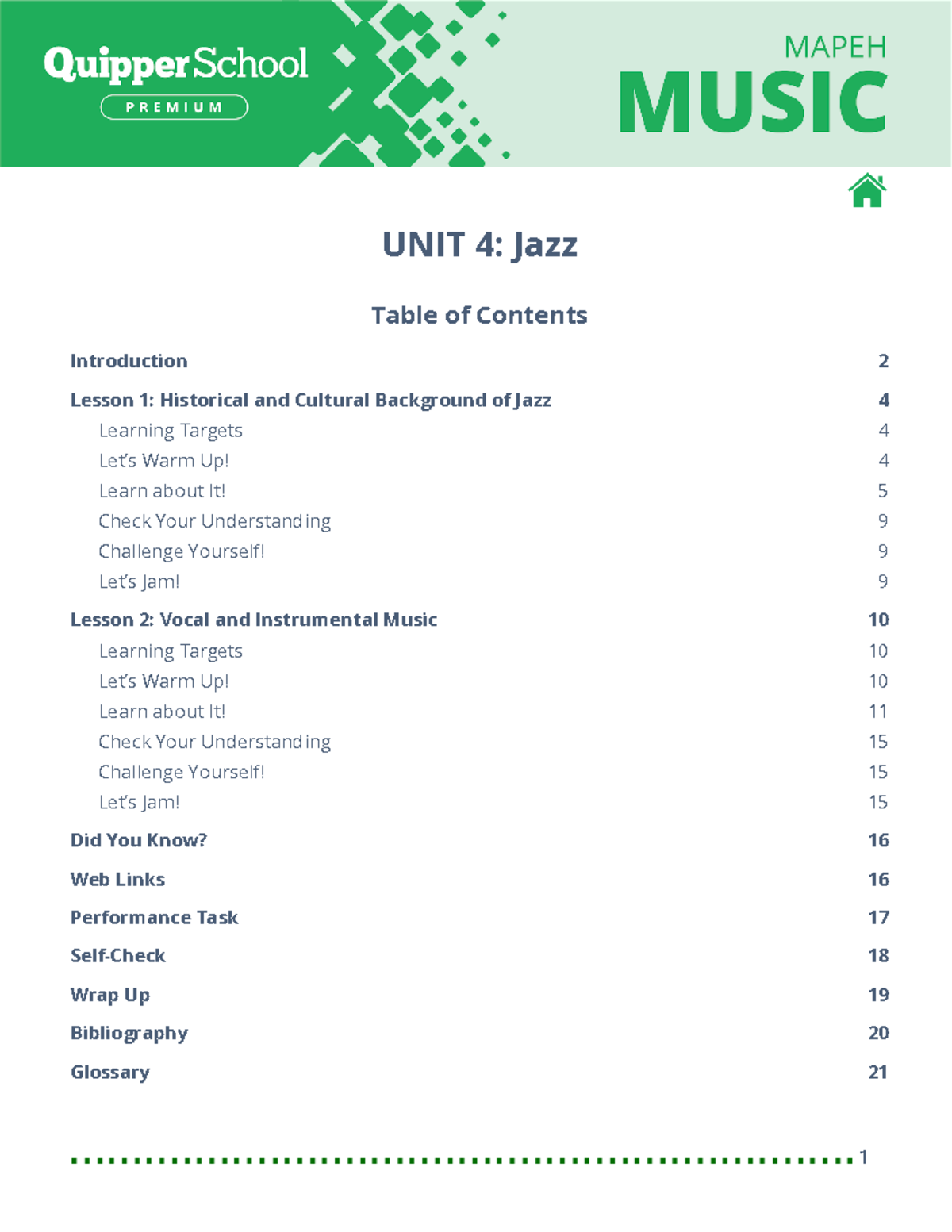 Final Music 10.4 Jazz, 2 Lessons - UNIT 4: Jazz Introduction Table of ...