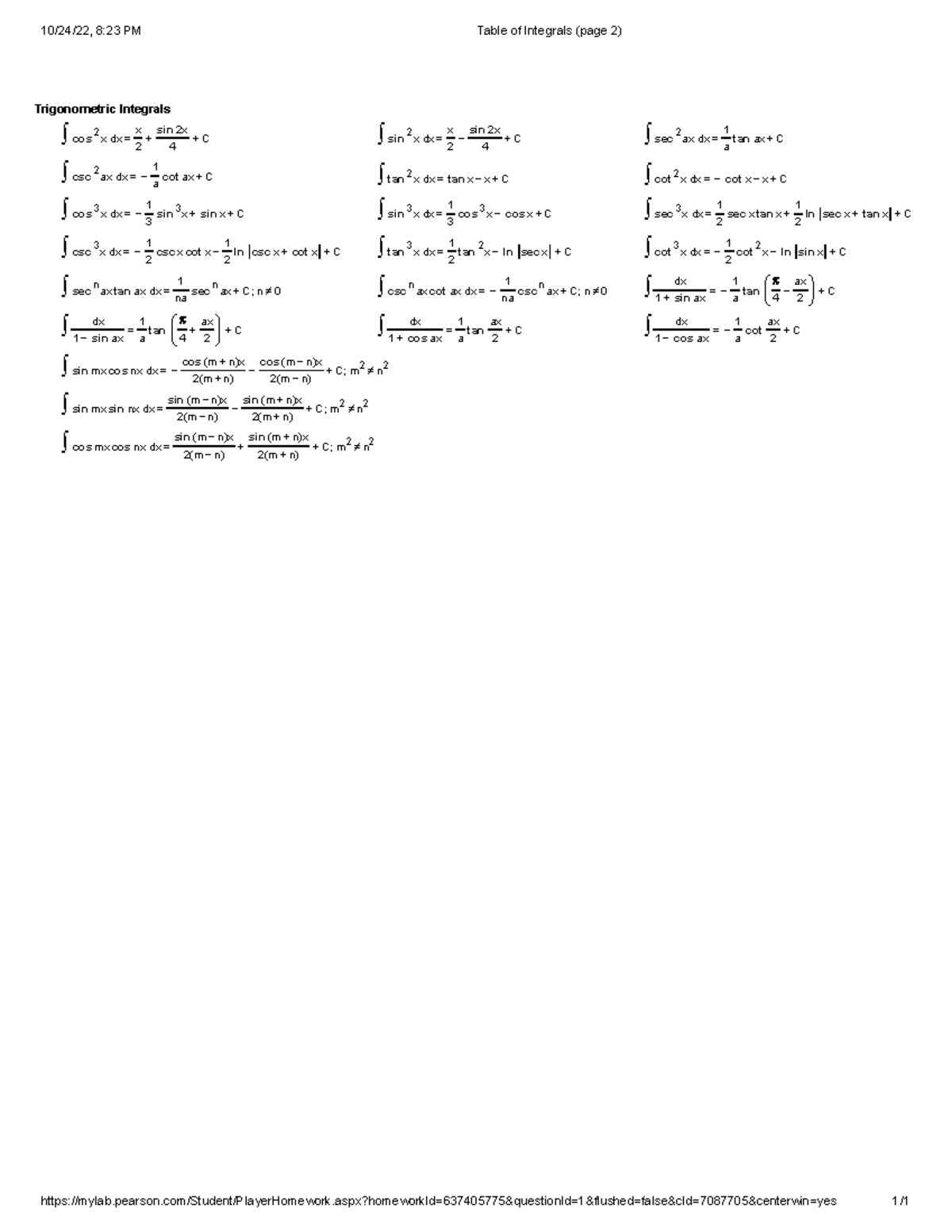 integration formula - 10/24/22, 8:23 PM Table of Integrals (page 2 ...
