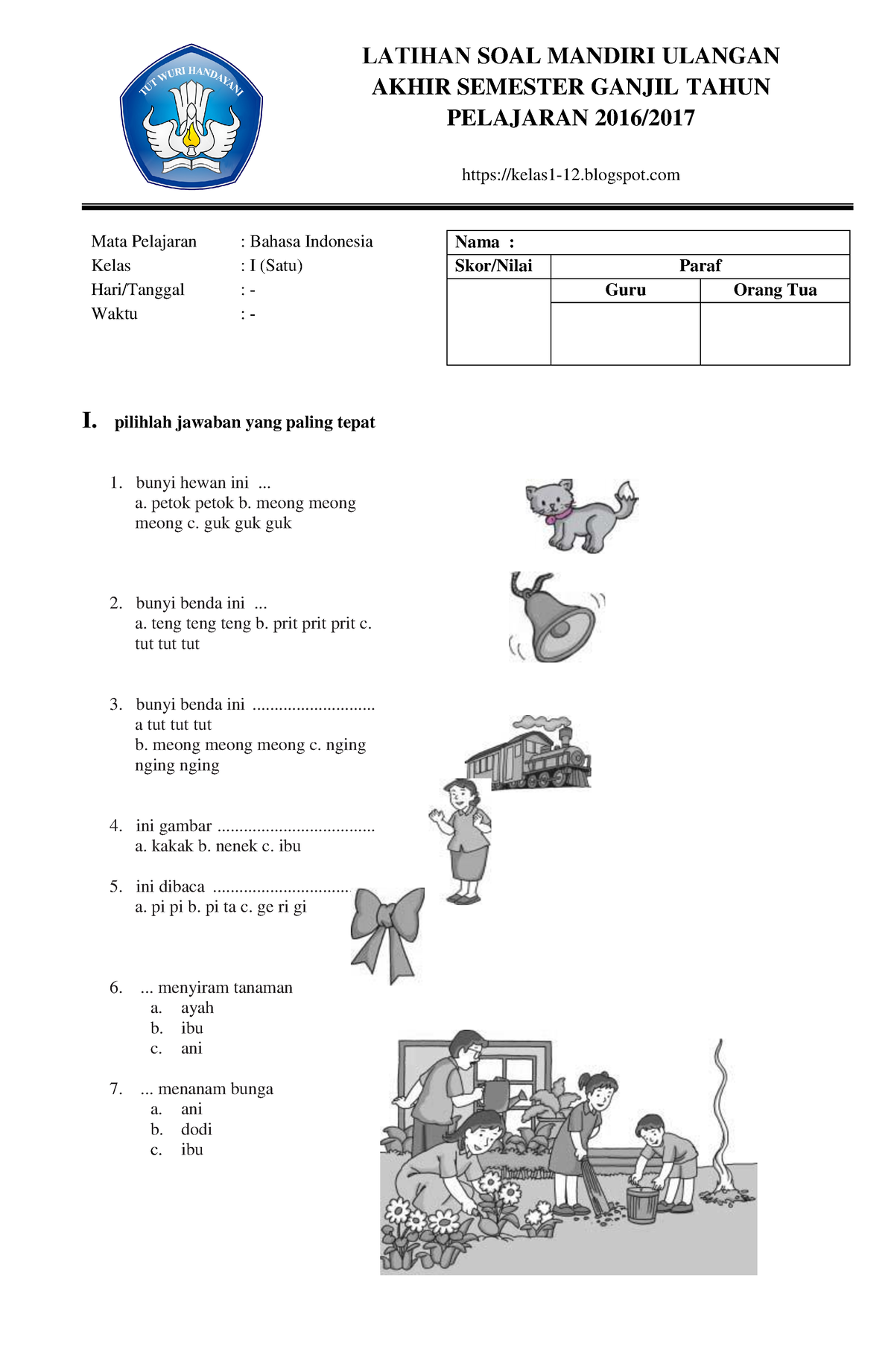 Latihan Soal Bahasa Indonesia Kelas 1 SD - LATIHAN SOAL MANDIRI ULANGAN ...