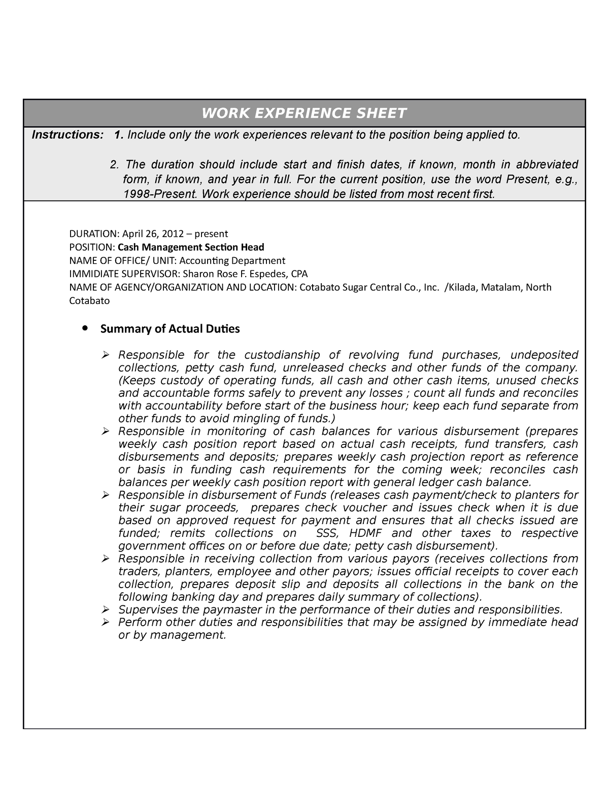 CS Form No. 212 Attachment - Work Experience Sheet - WORK EXPERIENCE ...