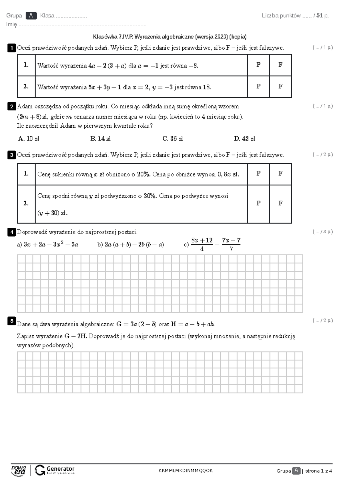 Klasówka 7.IV.P. Wyrażenia algebraiczne (wersja 2020) (kopia) Test (z