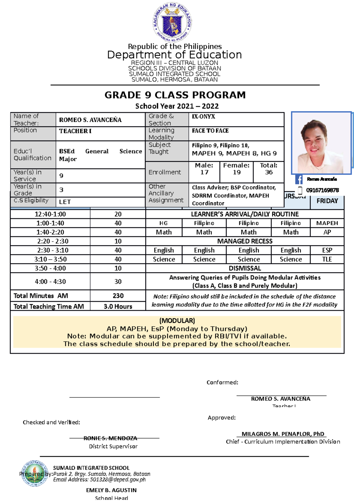 9ONYX Sched super Official GRADE 9 CLASS PROGRAM School Year 2021