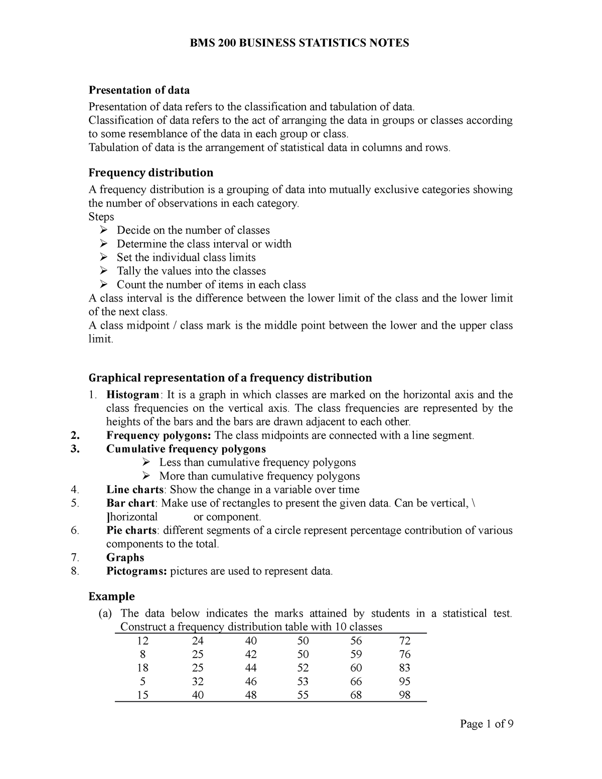 data presentation statistics notes