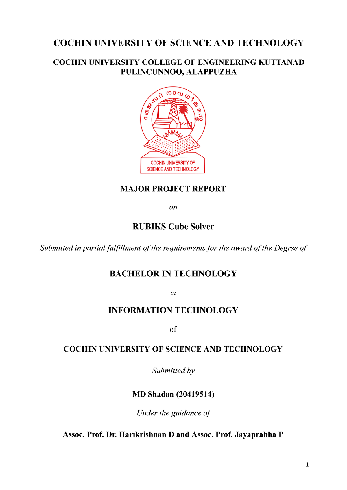 Rubiks Cube Solver - COCHIN UNIVERSITY OF SCIENCE AND TECHNOLOGY COCHIN ...