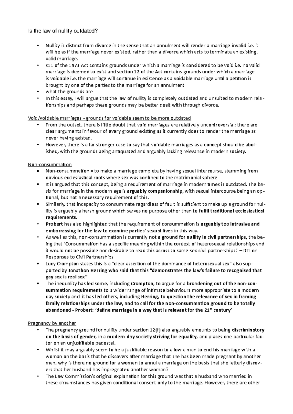 Can Essay 1 - Is The Law Of Nullity Outdated? • • • • Nullity Is 