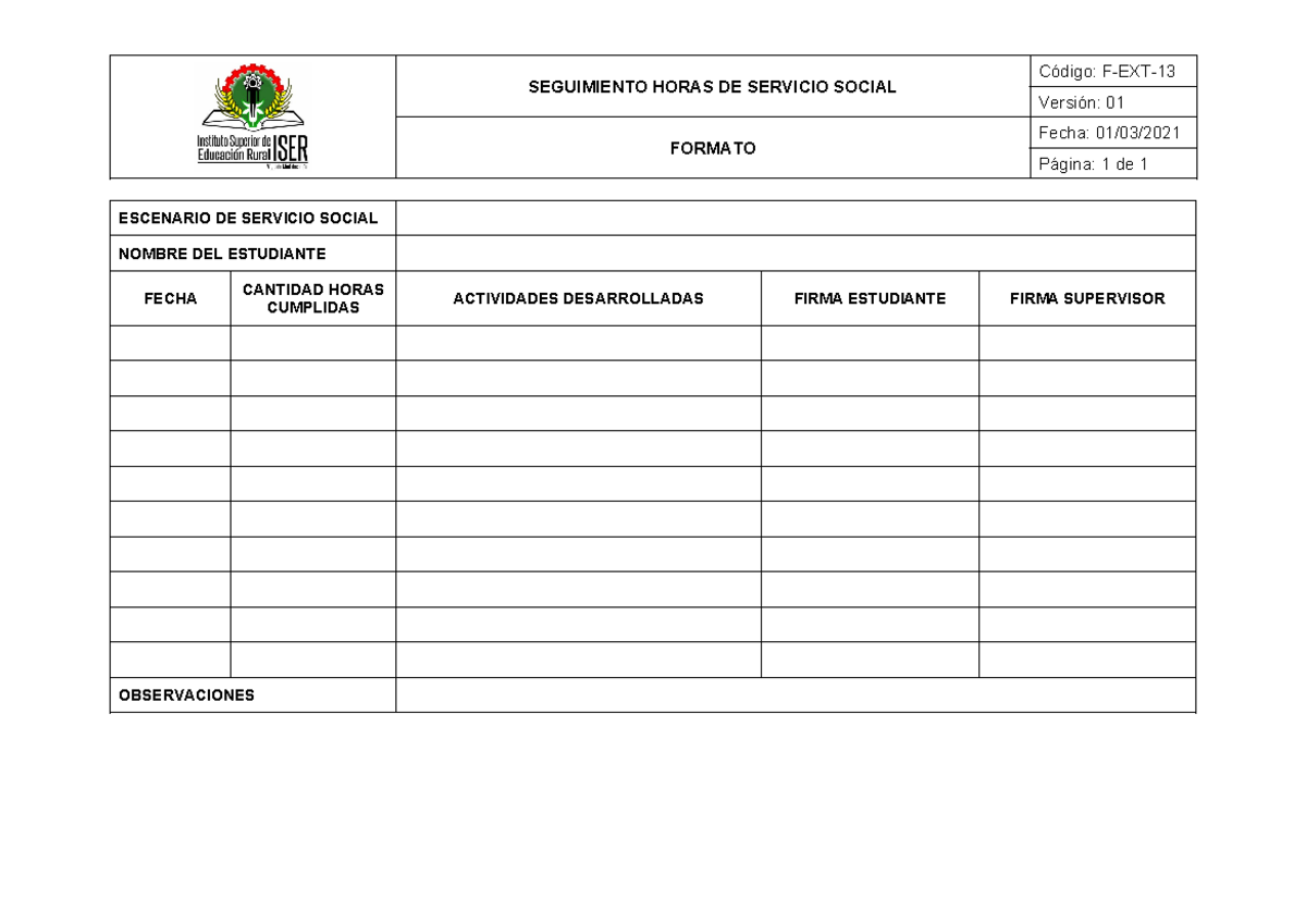 F EXT 13 Seguimiento Horas de Servicio Social - Sociología