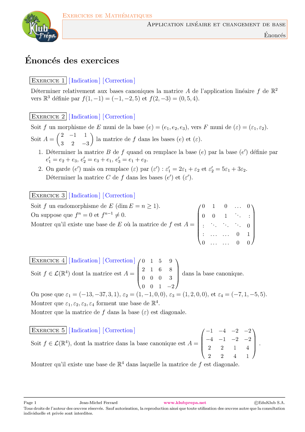 Calcul Matriciel, Systèmes Linéaires, Exercices : Application Linéaire ...