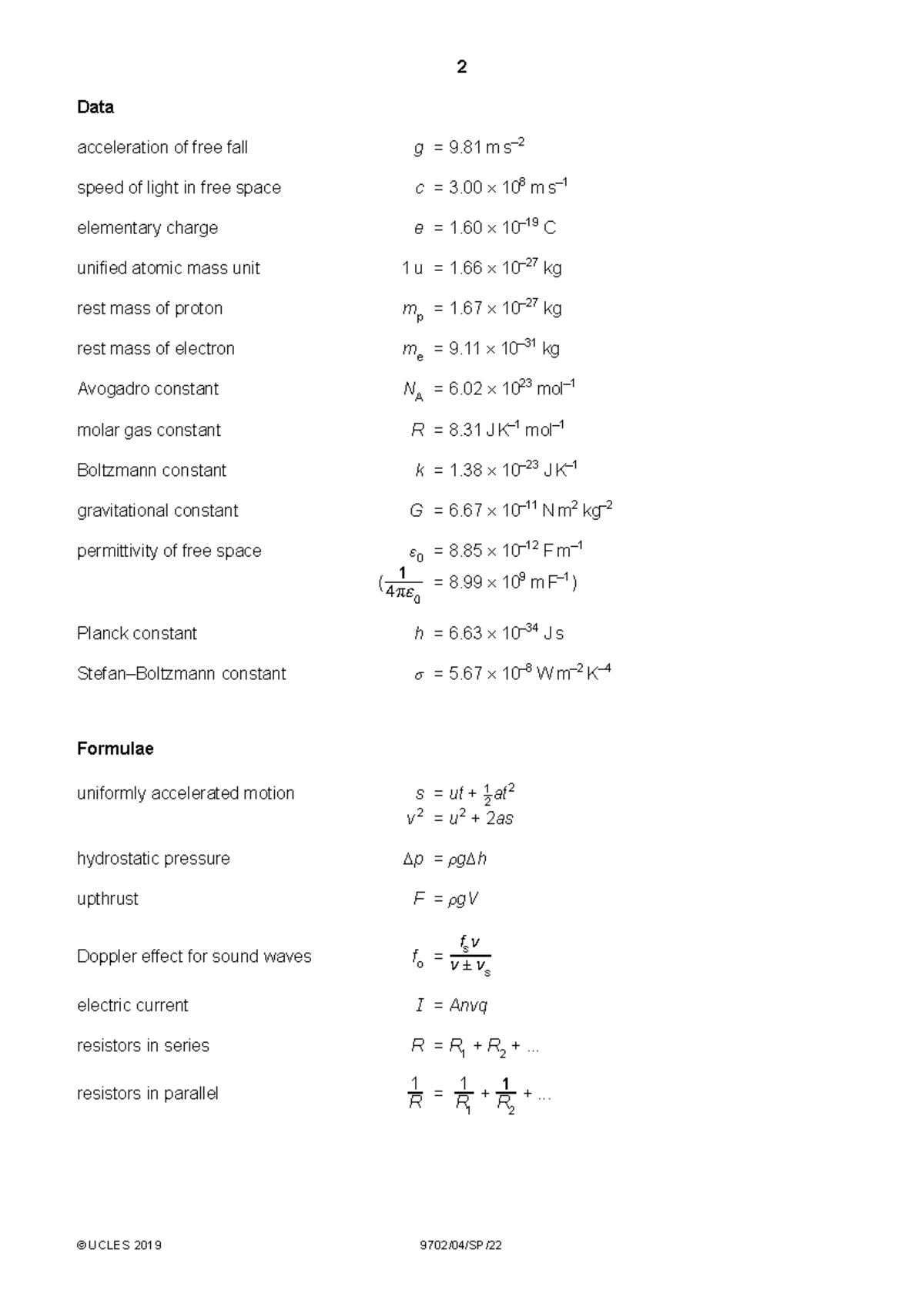 Physics Formula - Cie - 2 © UCLES 2019 9702/04/SP/ Data acceleration of ...