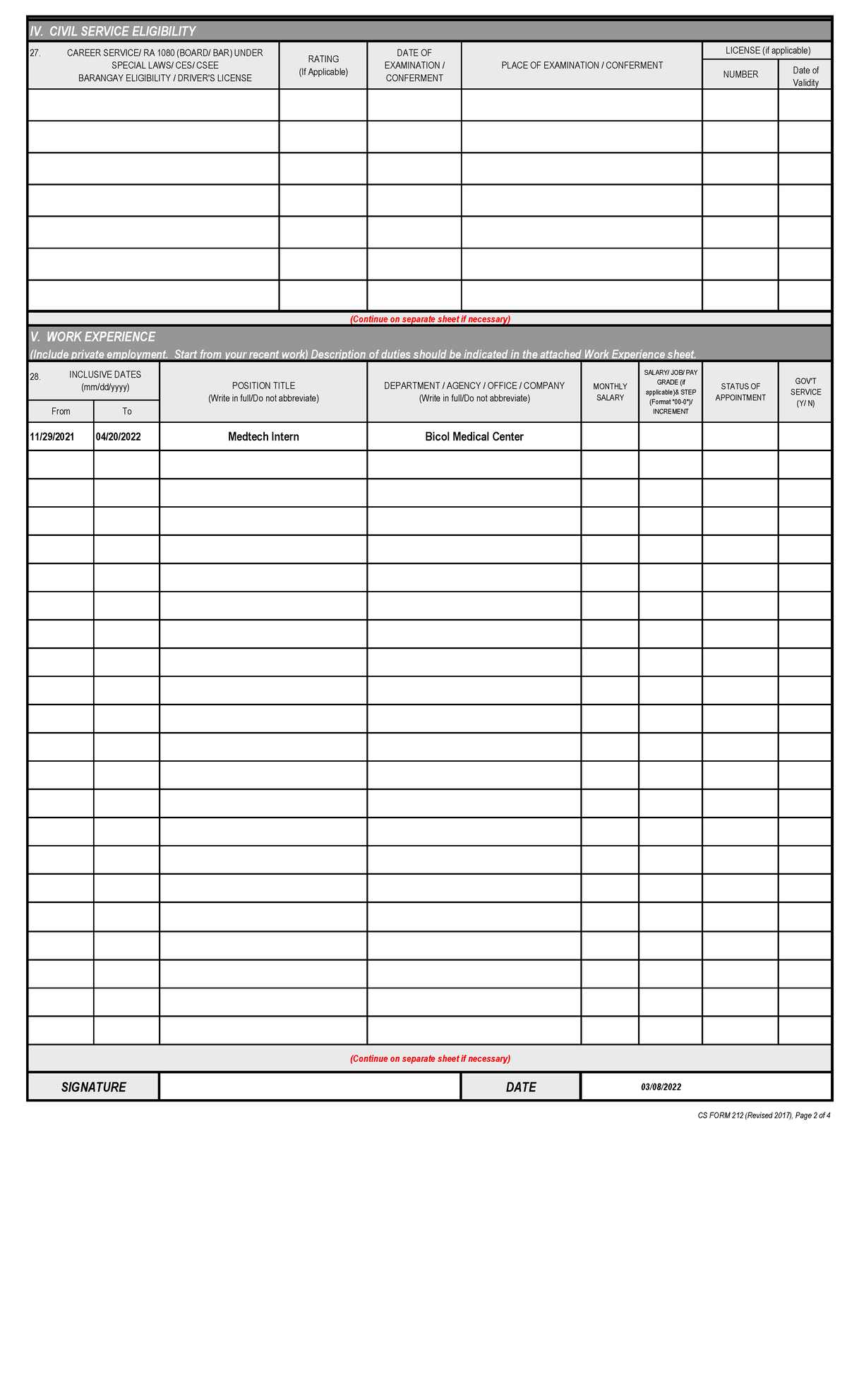 2 - nothing here - IV. CIVIL SERVICE ELIGIBILITY 27. CAREER SERVICE/ RA ...