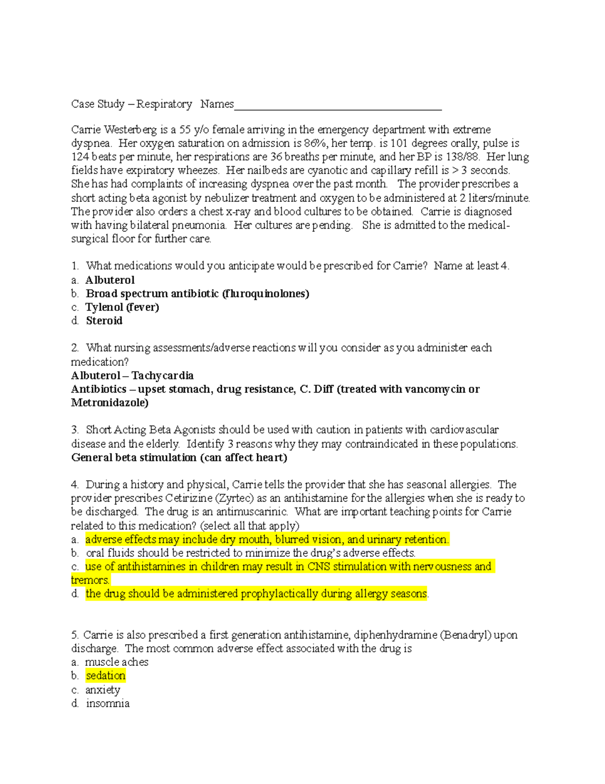 Respiratory Case Study - Case Study – Respiratory Names