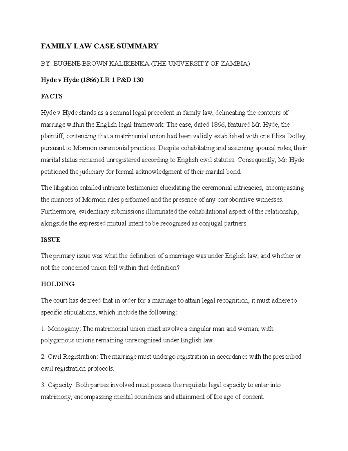 Hyde v. Hyde summary FAMILY LAW CASE SUMMARY BY EUGENE BROWN KALIKENKA (THE UNIVERSITY OF