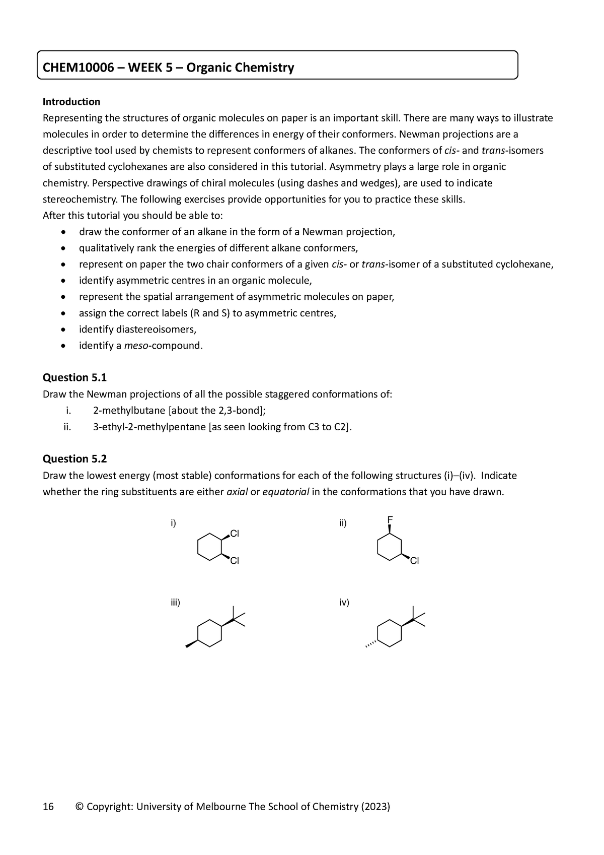 Week 5 CHEM10006 Tutorial Questions 2023 - 16 © Copyright: University ...