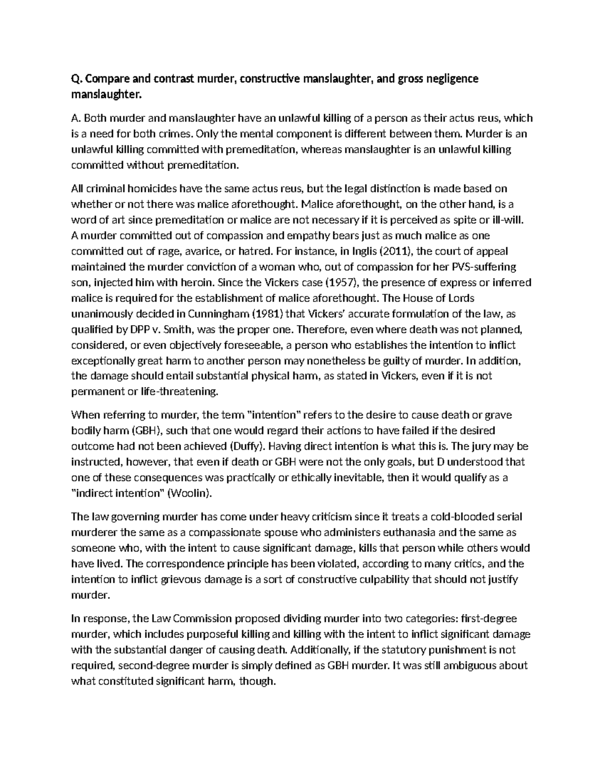 Murder, constructive manslaughter, and gross negligence manslaughter ...