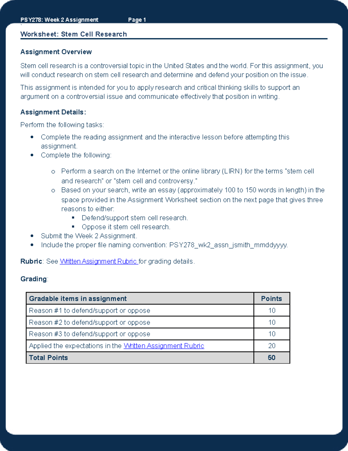 PSY278 Wk2 Assn 07.18.20 - PSY278: Week 2 Assignment ` Page 1 Worksheet ...