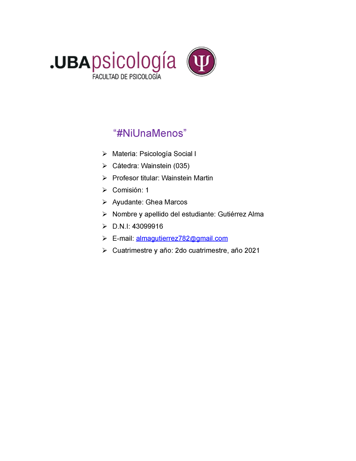 2do Parcial Psicologia Social - “#NiUnaMenos” Materia: Psicología ...