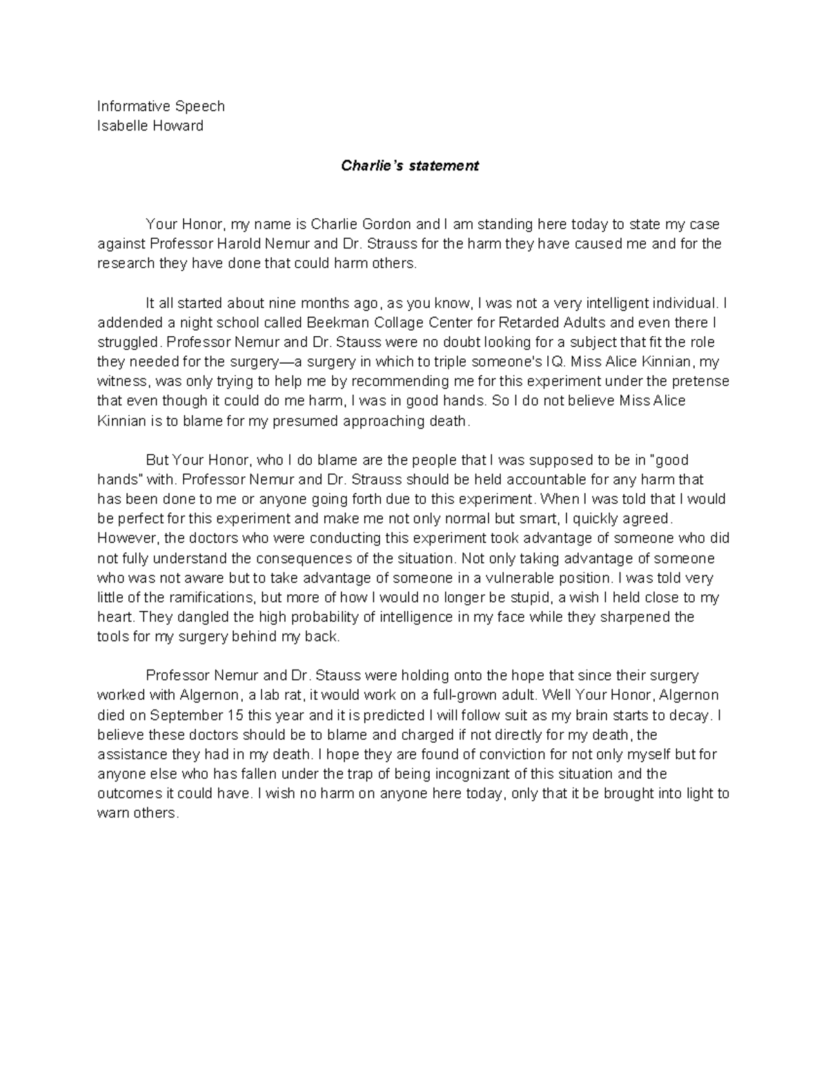 - Informative Essay - Informative Speech Isabelle Howard Charlie’s ...