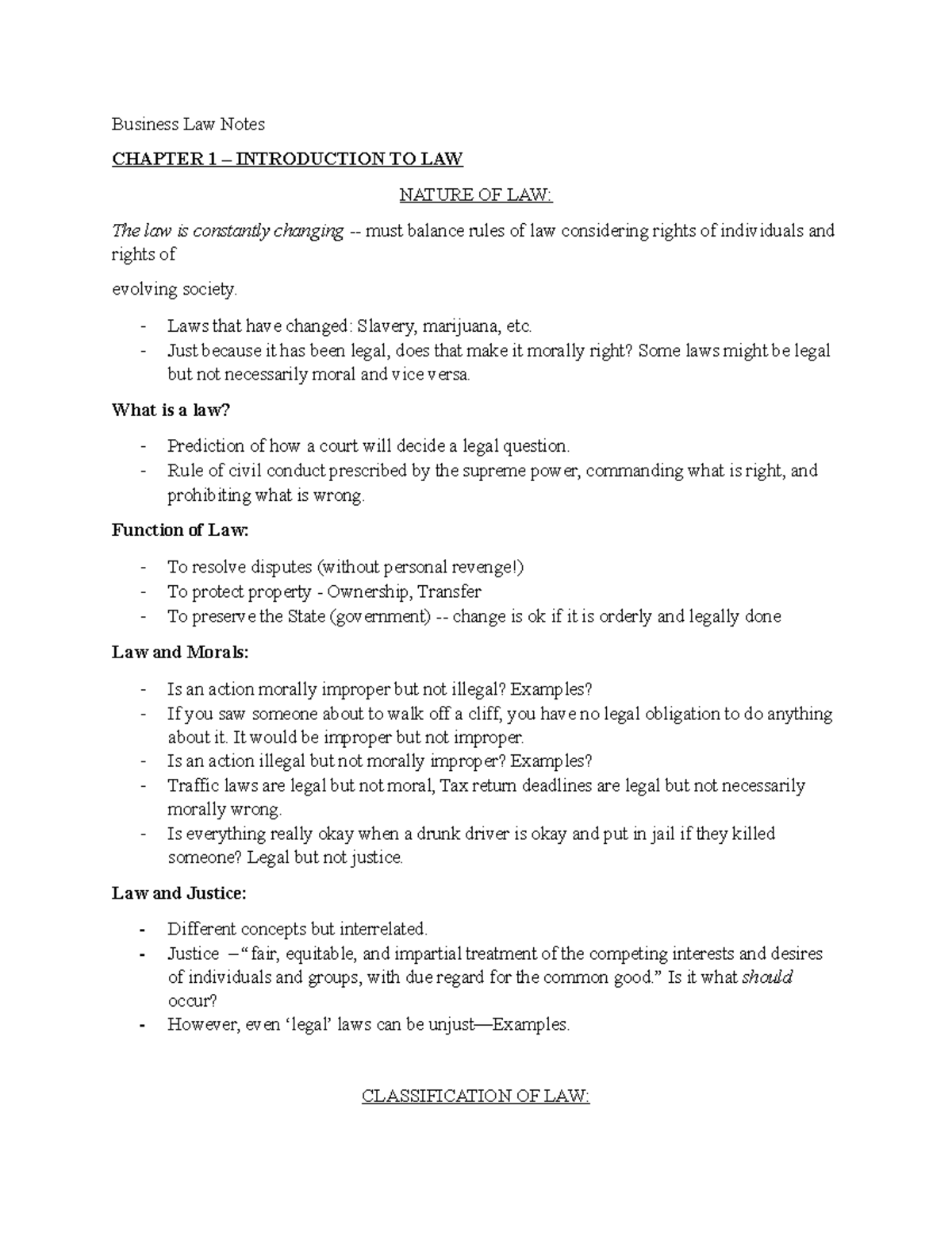 Business Law Notes Fall 2022 - Business Law Notes CHAPTER 1 ...