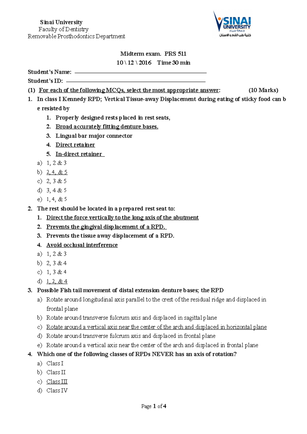 Midterm exam c3 Fall 2016 Faculty of Dentistry Removable