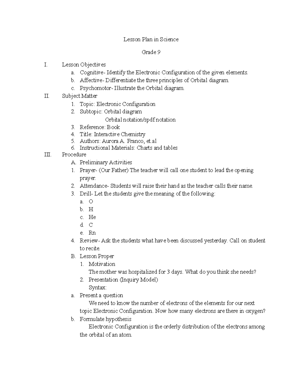 Lesson Plan in Science Grade 9 - Lesson Objectives a. Cognitive ...