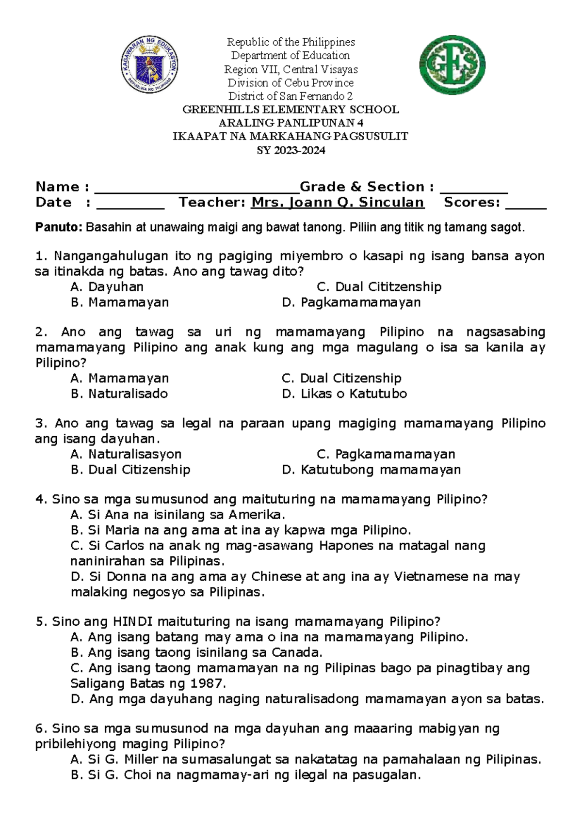 4th Tq Republic Of The Philippines Department Of Education Region Vii Central Visayas 0978