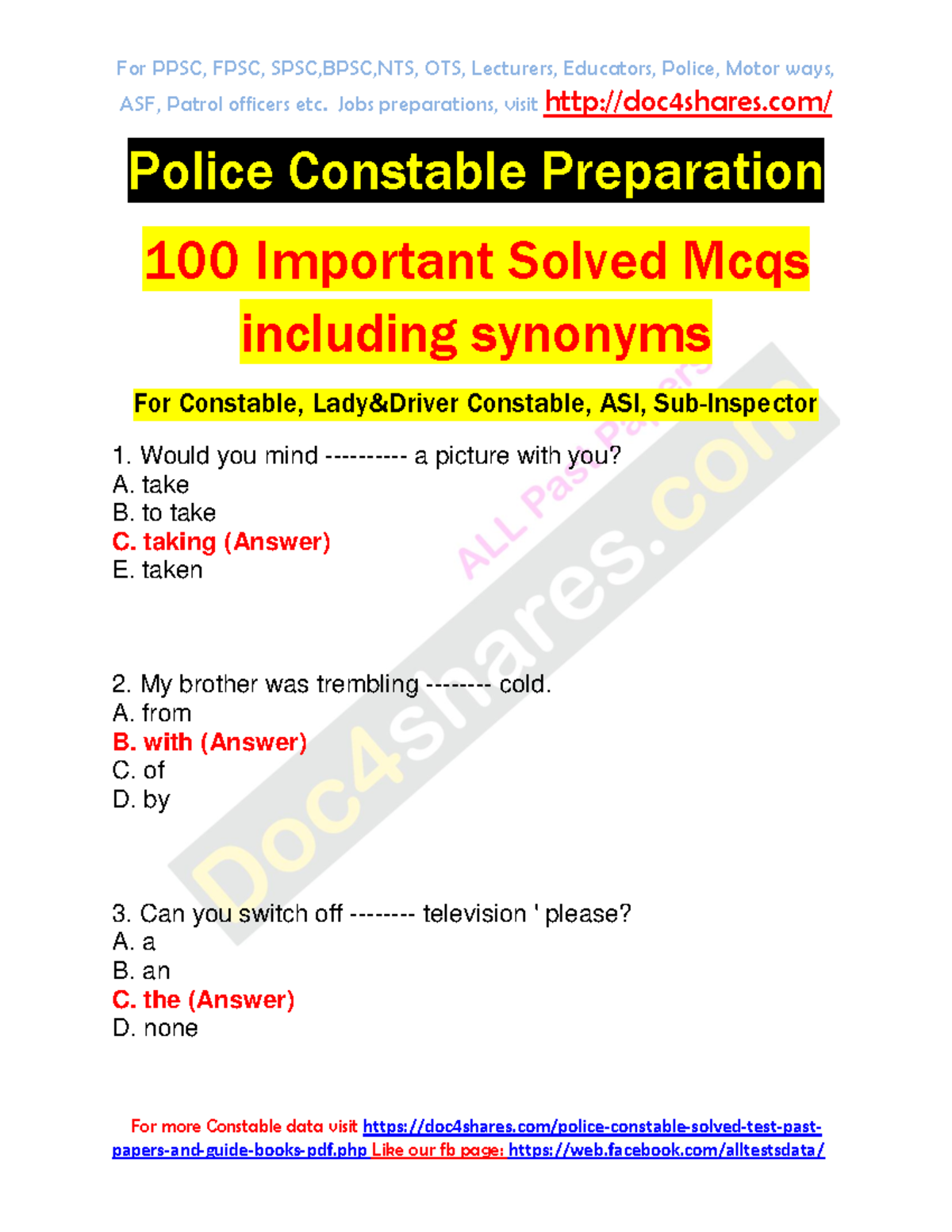 100 Important Solved Mcqs including synonyms for Police test ASF