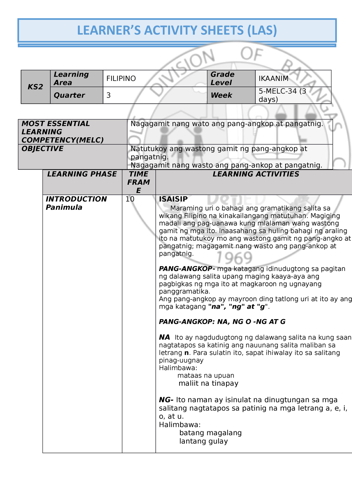 FIL6 LAS MELC Q3 33 W5 - Learning Activity Sheet Filipino 6 - KS