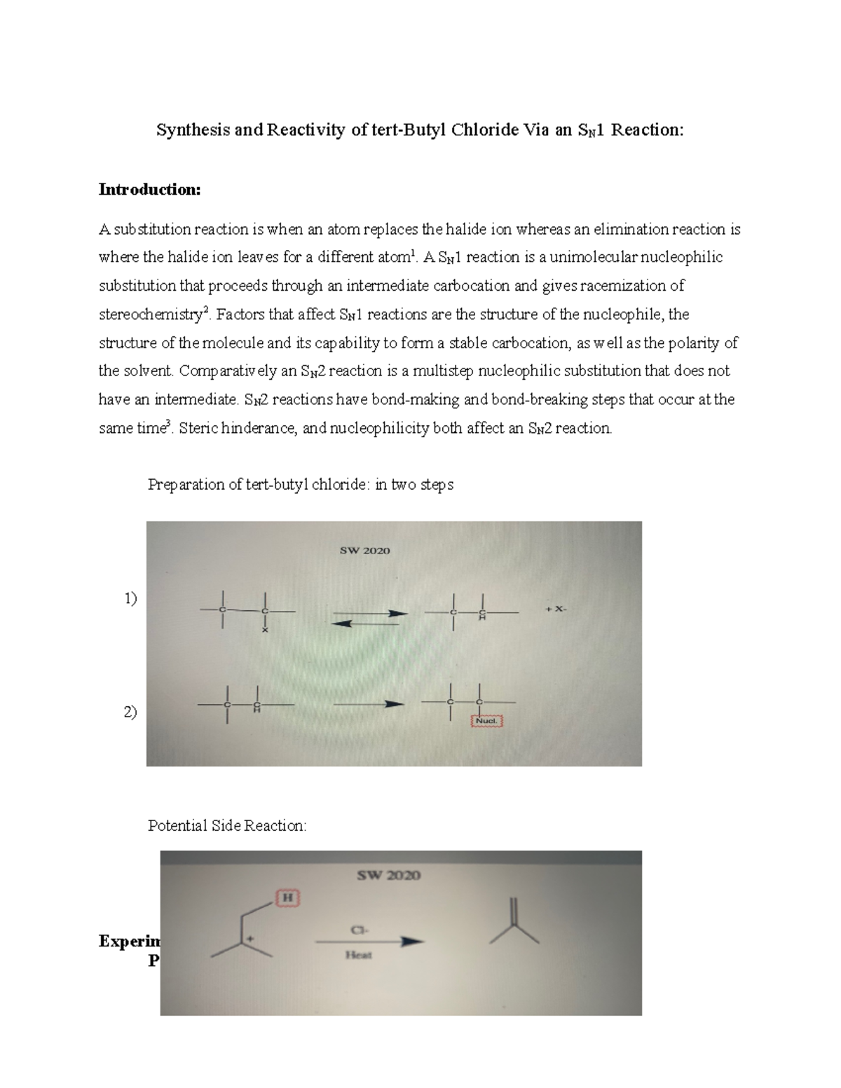 Orgo 1 Lab Report 6 - Synthesis And Reactivity Of Chloride Via An SN1 ...