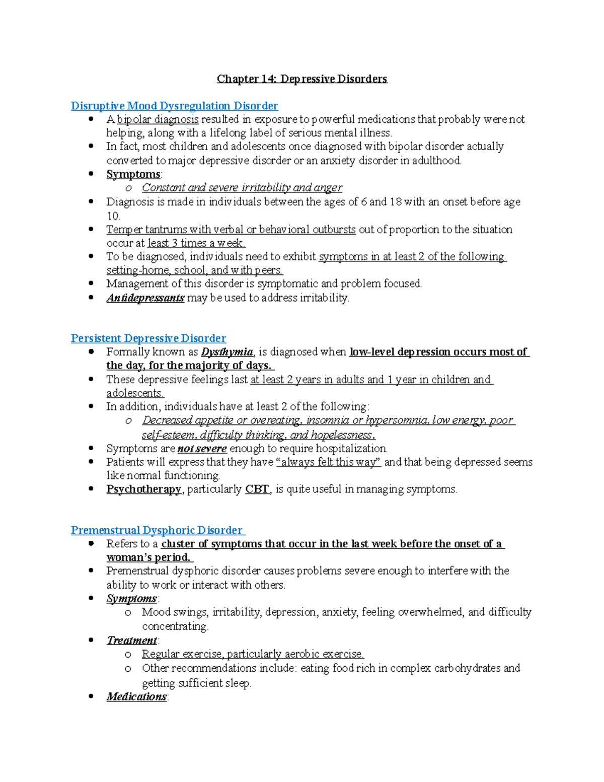 Chapter 14 Psych notes - Chapter 14: Depressive Disorders Disruptive ...