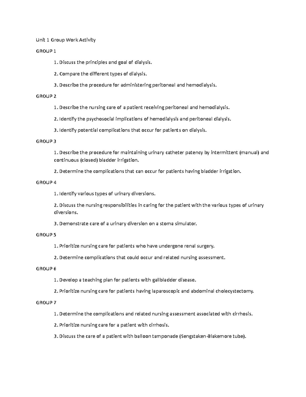 Unit 1 Group Lab Activity - Unit 1 Group Work Activity Group 1 1 