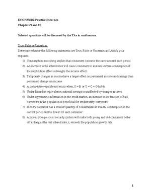 Chapter 9 and 10 Exercises question - ECON330D2 Practice Exercises ...